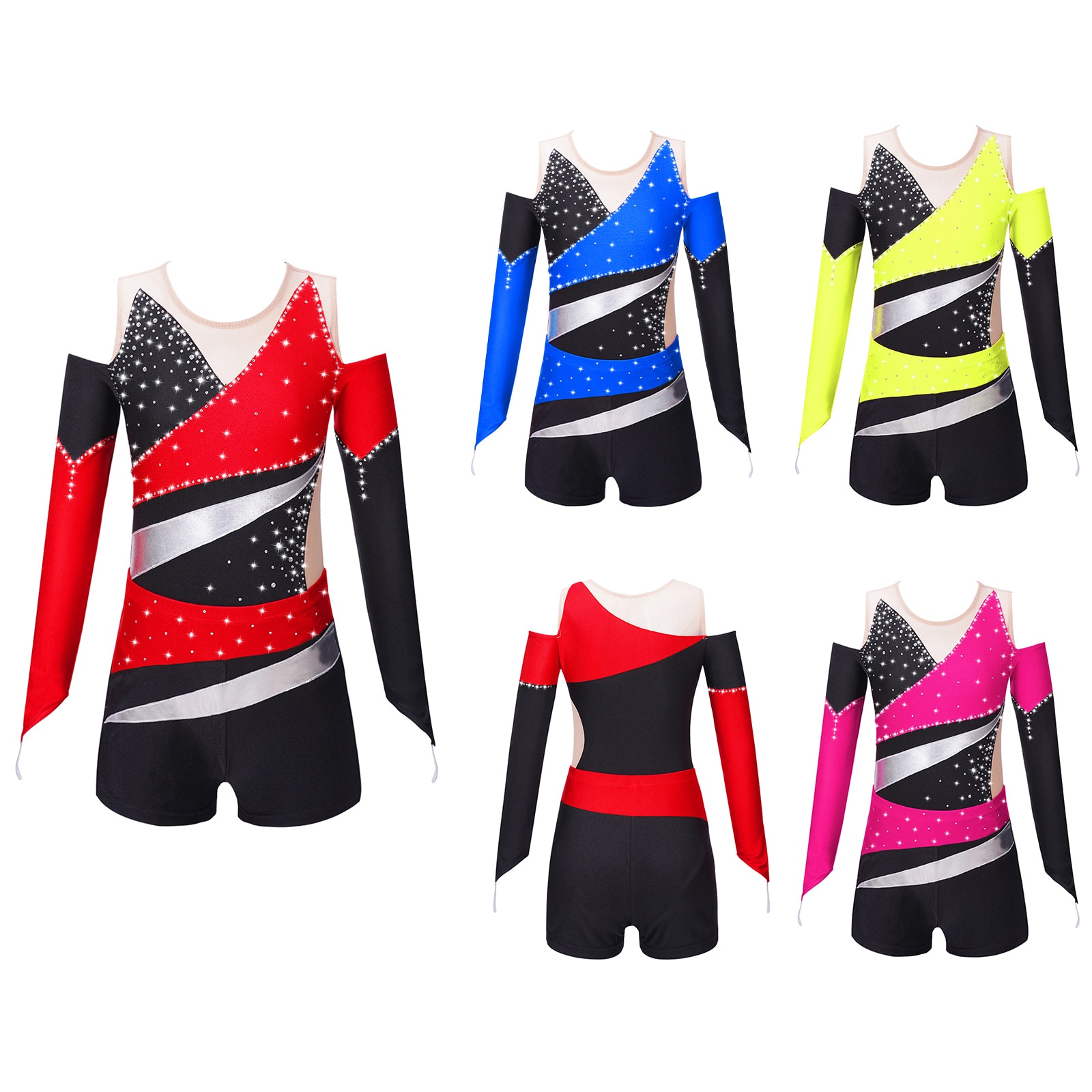 CHICTRY Korte jurken, kunstschaatsen, kinderen, meisjes, strass, glitter, rolschaatsjurk, lange mouwen, dansbody, kleurblok, patchwork, tricot met wikkelrok, dancewear, zwart, 146-152