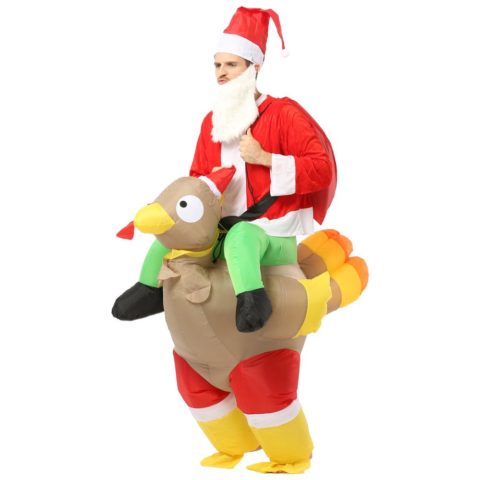 Costume gonflable père Noël monter sur une dinde