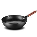 Wok traditionnel en fer antiadhésif 32 cm, avec couvercle en bois