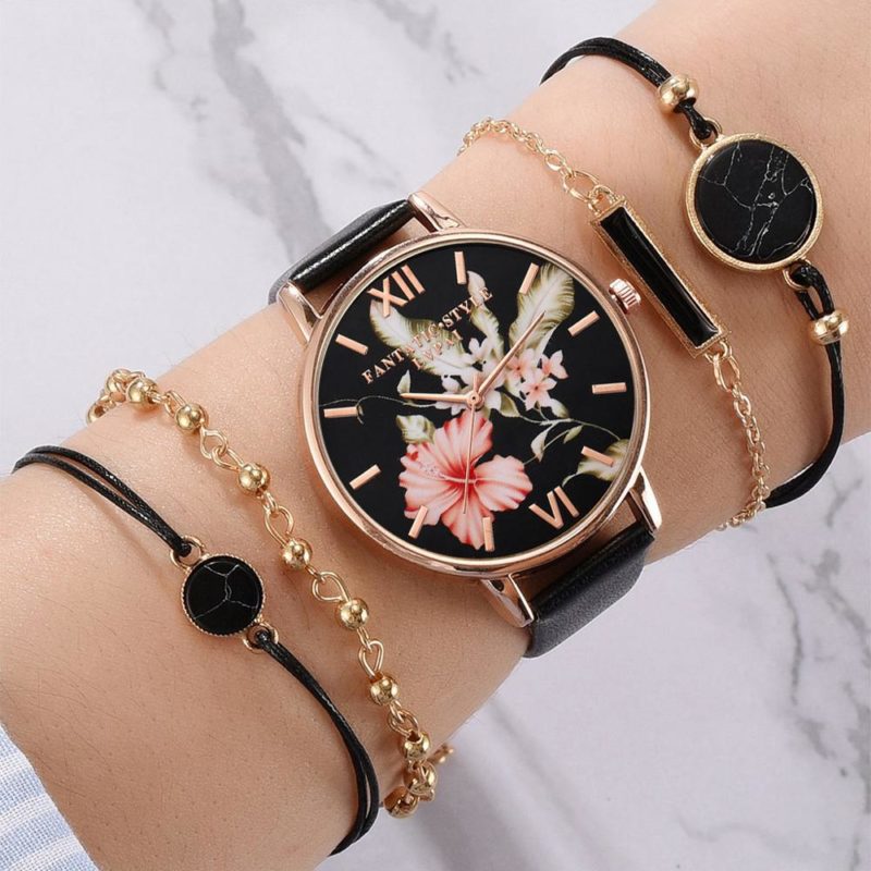 Montre analogique à quartz et bracelets pour femme, Set de 5 pièces – Image 3