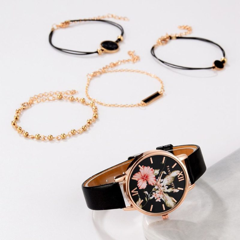 Montre analogique à quartz et bracelets pour femme, Set de 5 pièces – Image 4