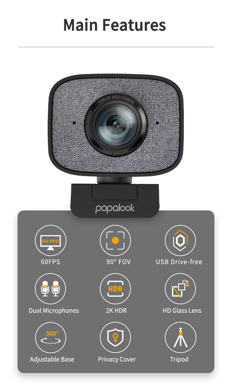 Webcam 1080P 60fps, Streaming en direct 2K, HDR avec double micro stéréo et trépied – Image 2
