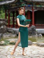 Robe longue de style chinois, Cheongsam améliorée avec bouton de nœud, fente latérale – Image 5