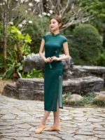 Robe longue de style chinois, Cheongsam améliorée avec bouton de nœud, fente latérale – Image 3