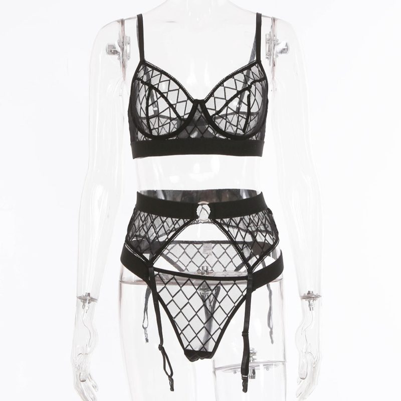 Ensemble de lingerie 3 pièces, soutien-gorge et string, en dentelle et maille avec armatures – Image 11