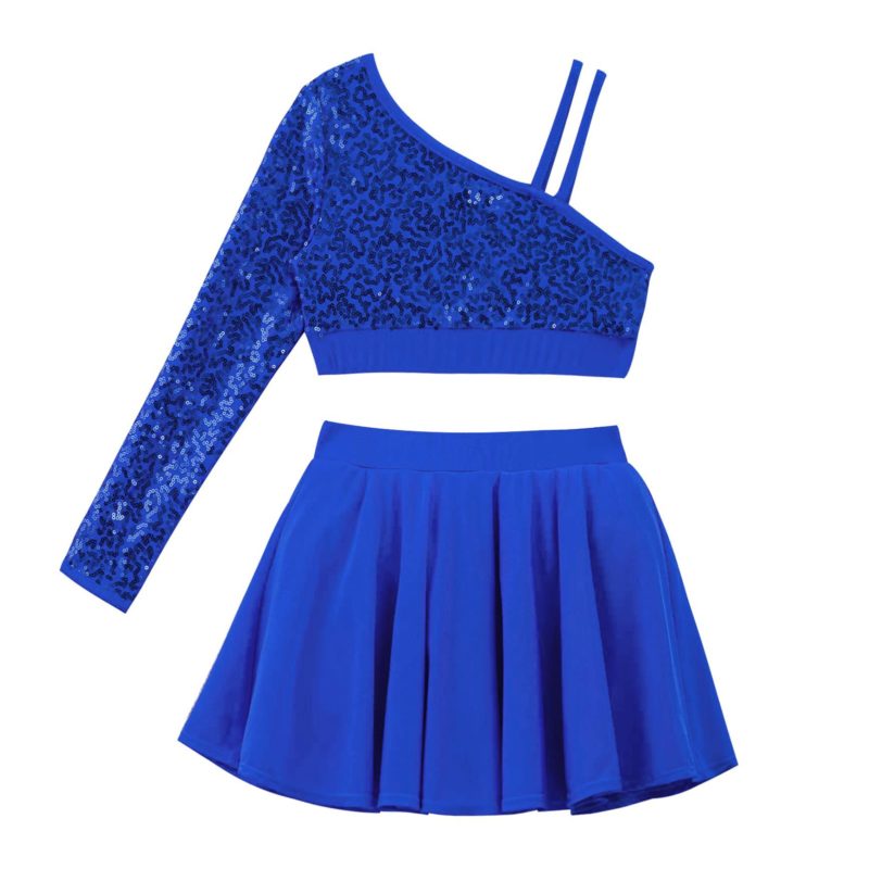 111933-tfuax5.jpg Ensemble 2 pièces de danse à paillettes pour enfant, asymétrique, haut court avec jupe – Image 7