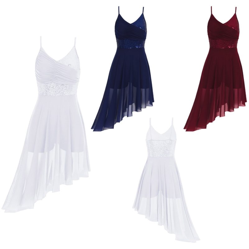 Robe de danse lyrique en maille pour femme, col en V, à paillettes, Tutu de Ballet – Image 2