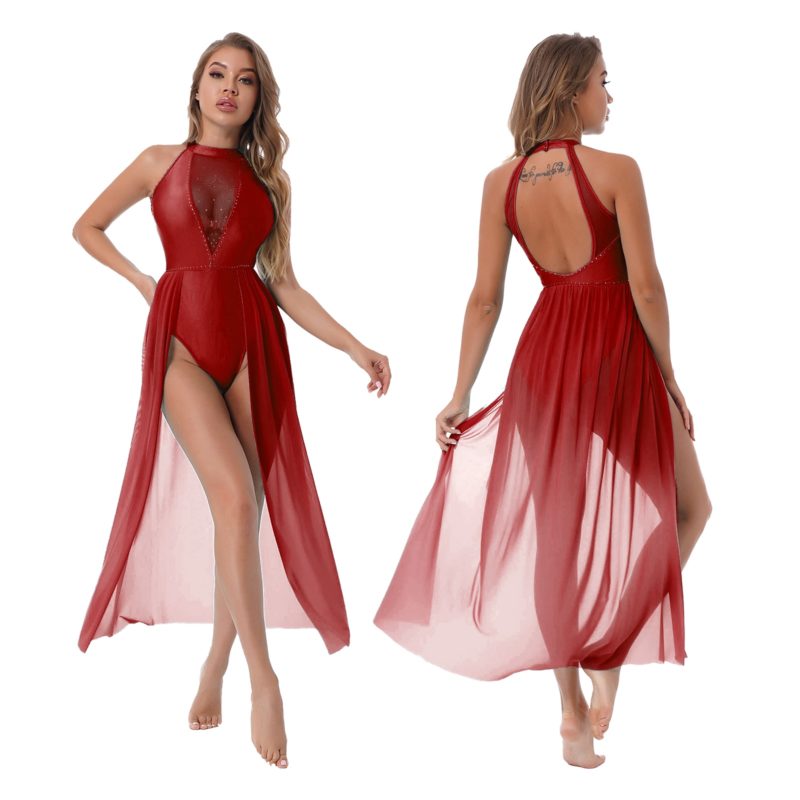 113374-czrriq.jpg Robe longue de danse pour femme, à strass, col licou, Léotard lyrique – Image 3