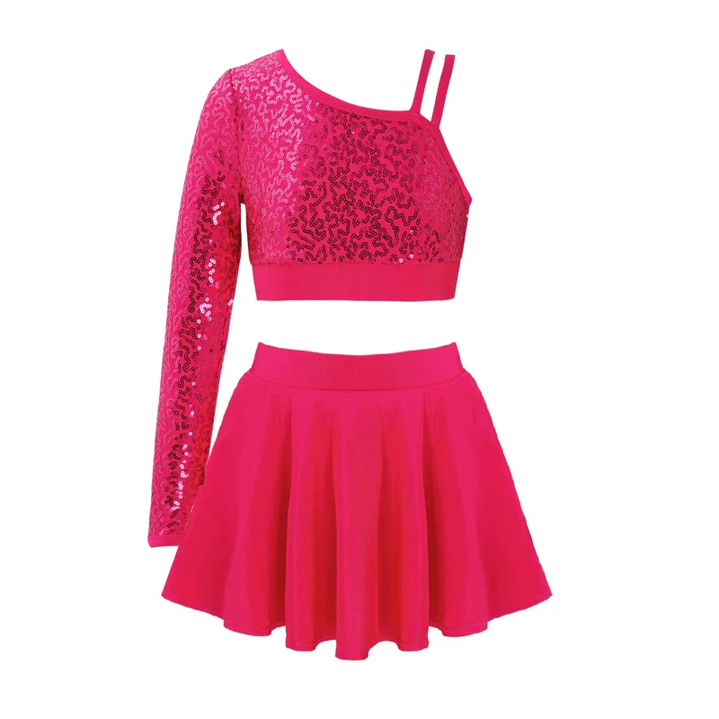 H0ff101a2e19d483ba34420751c5d5b5d5 Ensemble 2 pièces de danse à paillettes pour enfant, asymétrique, haut court avec jupe – Image 6