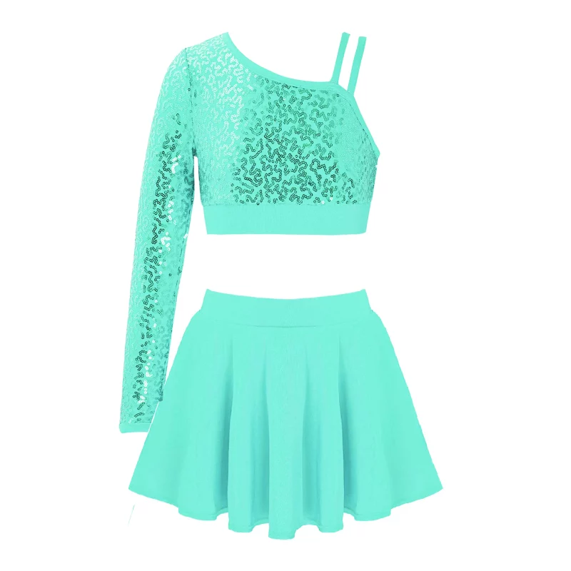 H1b94f4c58f0a478681a54c12cc1d2d9dg Ensemble 2 pièces de danse à paillettes pour enfant, asymétrique, haut court avec jupe – Image 4
