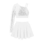 Ensemble 2 pièces de danse à paillettes pour enfant, asymétrique, haut court avec jupe – Image 3