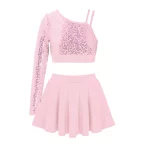 Ensemble 2 pièces de danse à paillettes pour enfant, asymétrique, haut court avec jupe – Image 5