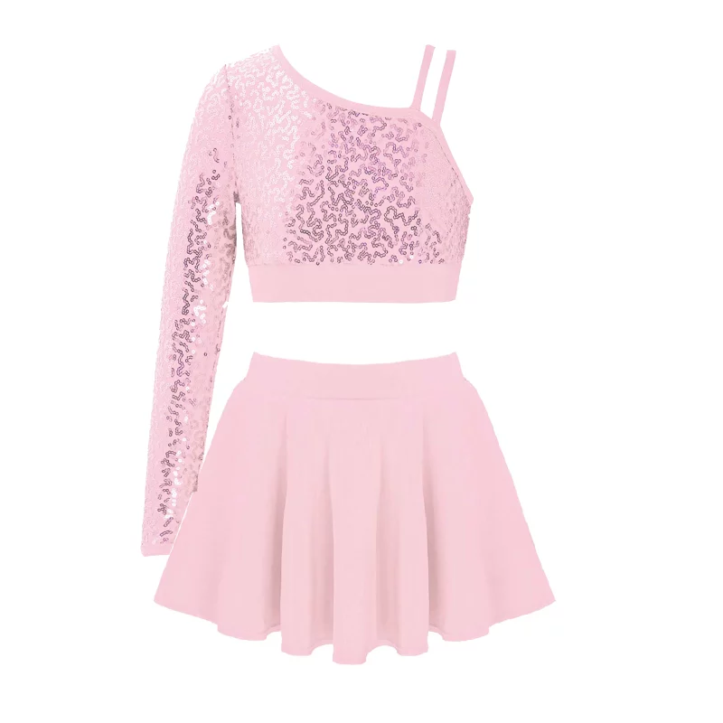 Hb2afb207855844d7b58dbe607f00d207d Ensemble 2 pièces de danse à paillettes pour enfant, asymétrique, haut court avec jupe – Image 5