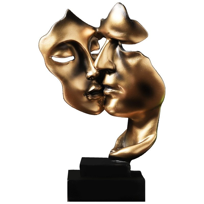 Sculpture en résine, double masque, le silence est doré, décoration