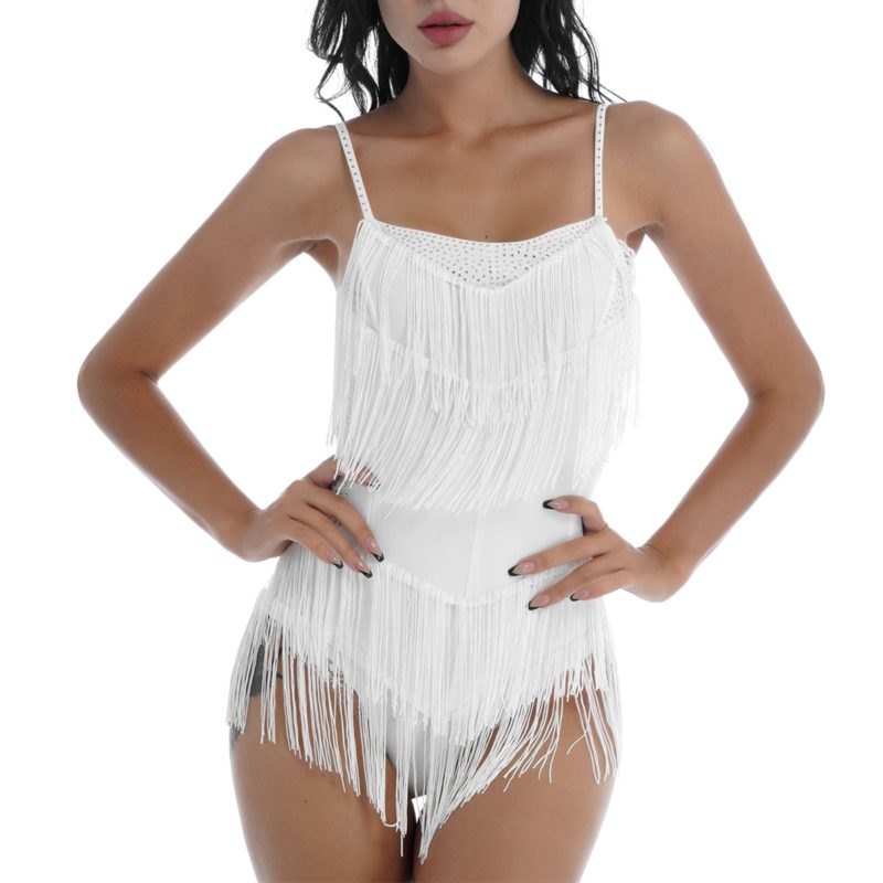 Justaucorps à franges et strass pour femme, vêtements de danse latine, dos nu, Body – Image 5