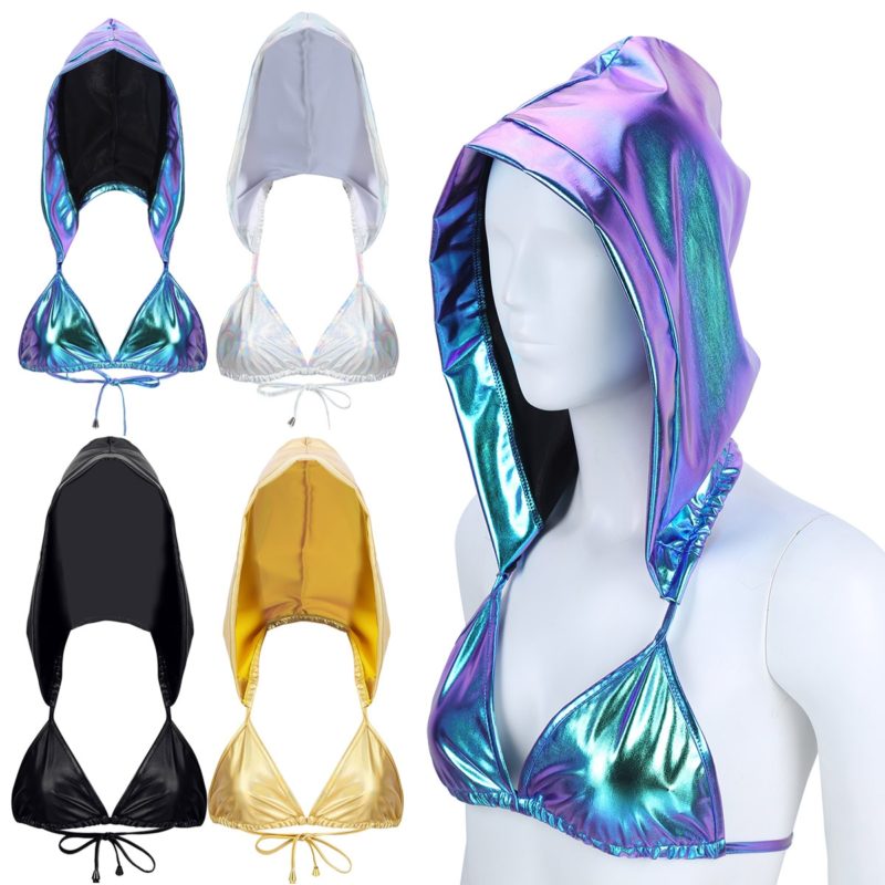 Soutien-gorge à capuche pour femme, brillant, métallique, décolleté en V profond, dos nu – Image 2