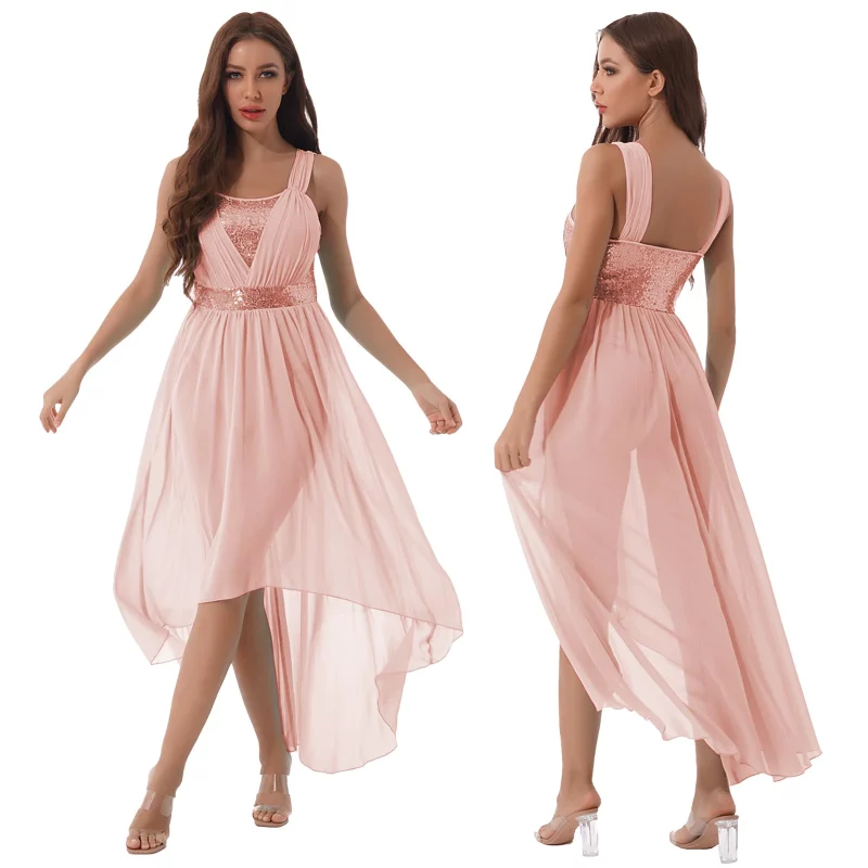 Robe de danse lyrique pour femme, sans manches, à paillettes, en mousseline de soie – Image 7