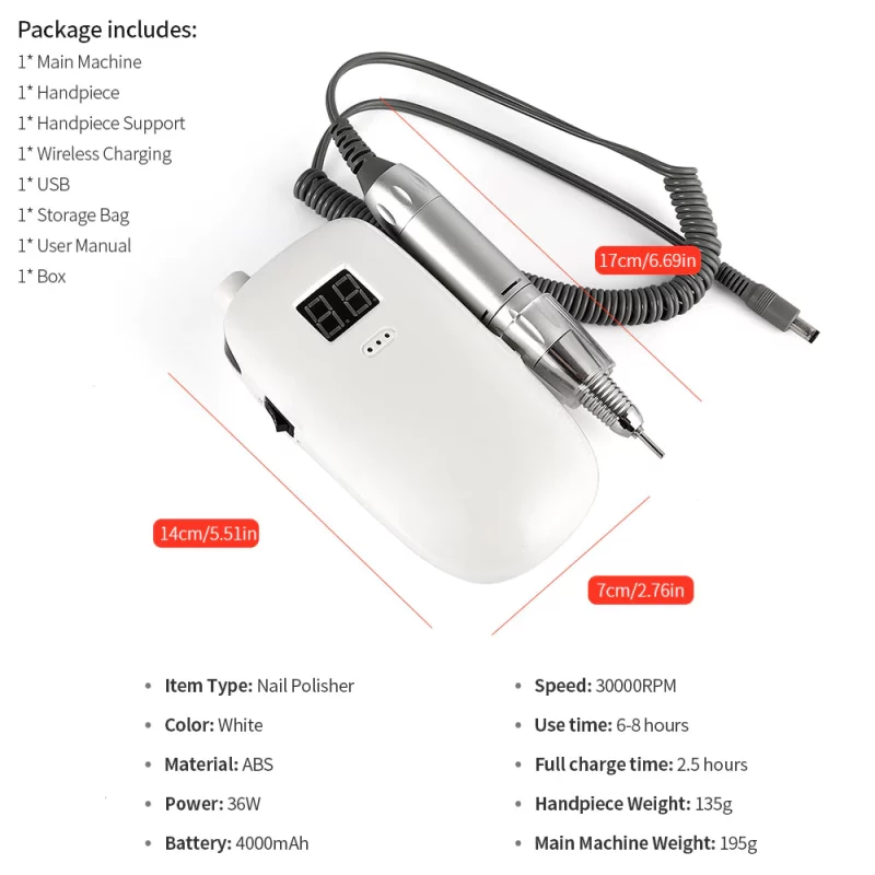 Ponceuse à ongles professionnelle 36W, 30'000 tr/min, portable, charge sans fil, manucure et pédicure – Image 9