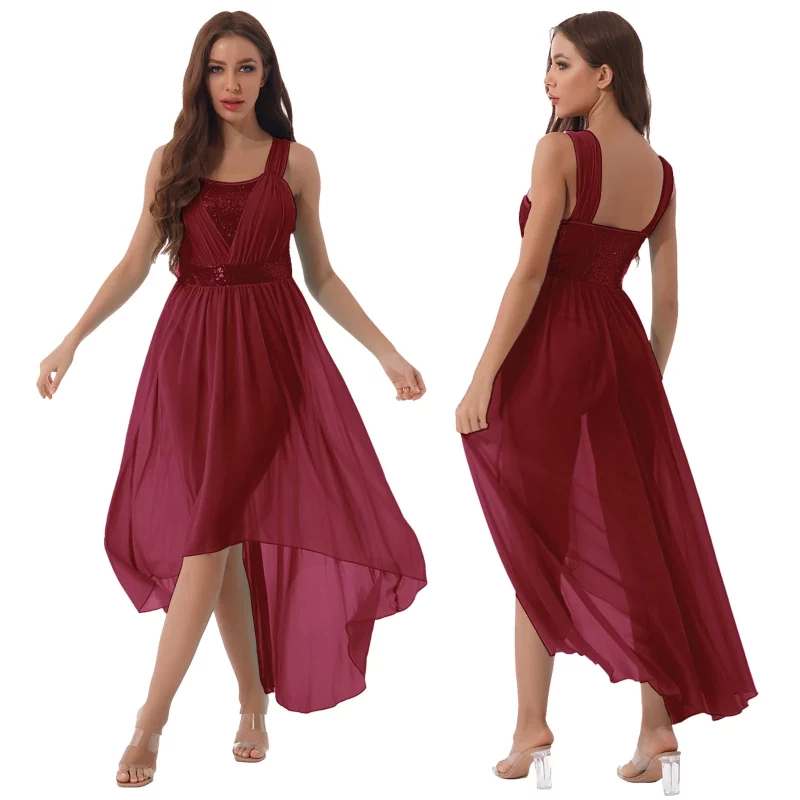 Robe de danse lyrique pour femme, sans manches, à paillettes, en mousseline de soie – Image 9