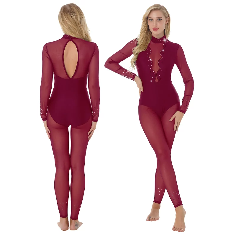 Combinaison de danse en strass pour femme, à manches longues, en maille, Justaucorps – Image 6