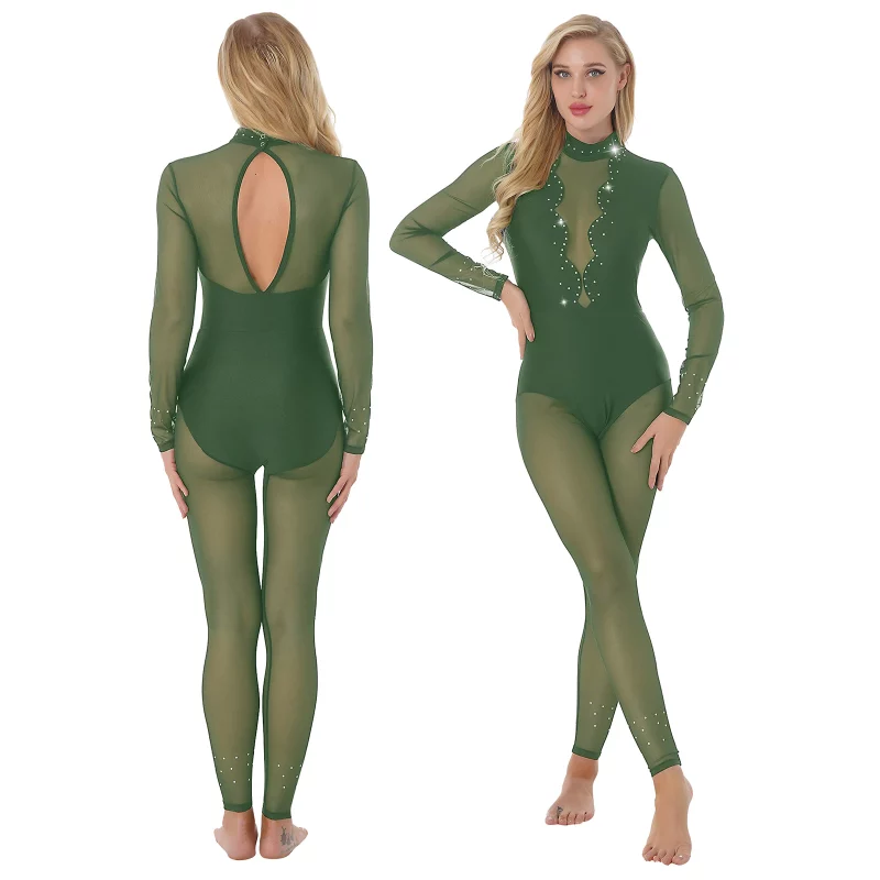 Combinaison de danse en strass pour femme, à manches longues, en maille, Justaucorps – Image 5