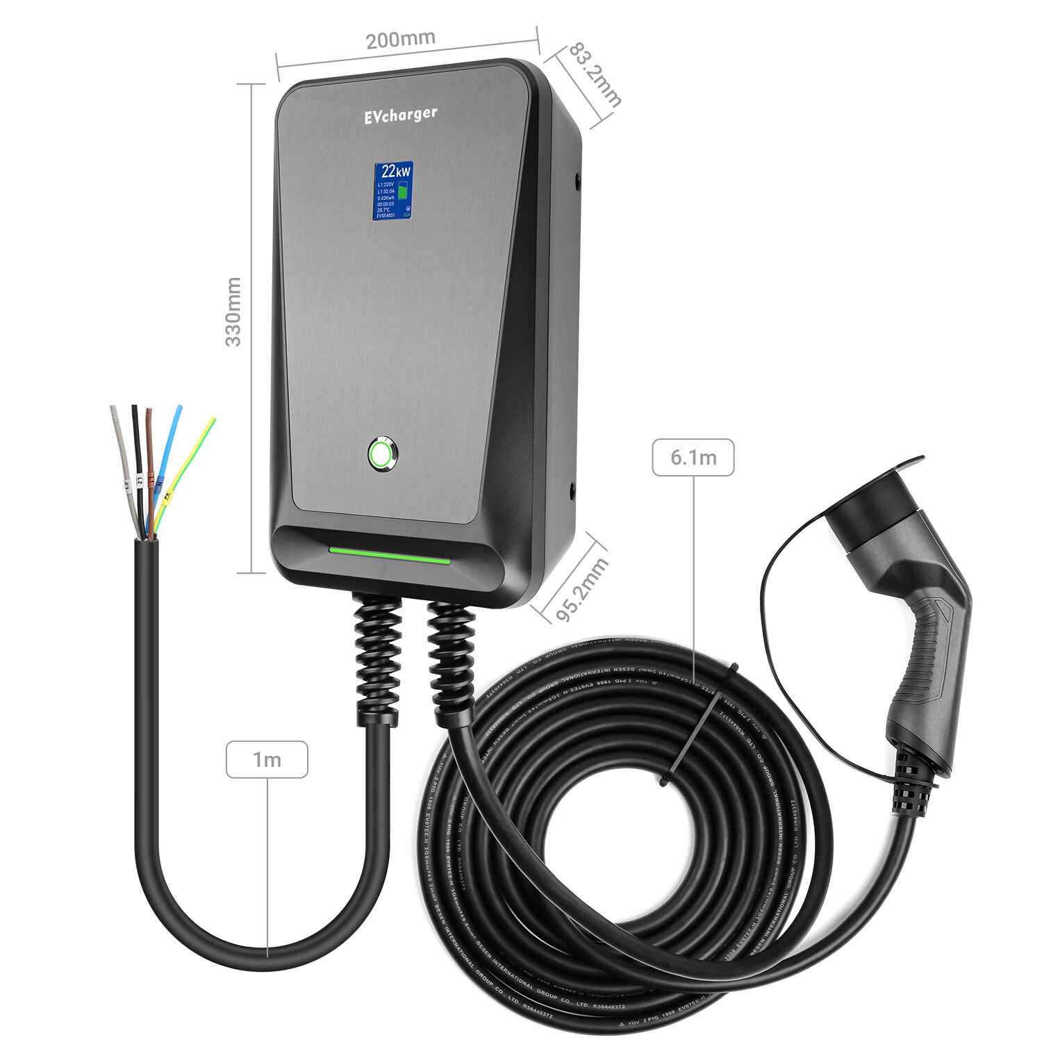 Borne de charge pour voiture électrique EV, monophasé ou triphasé, Type 2  UE 