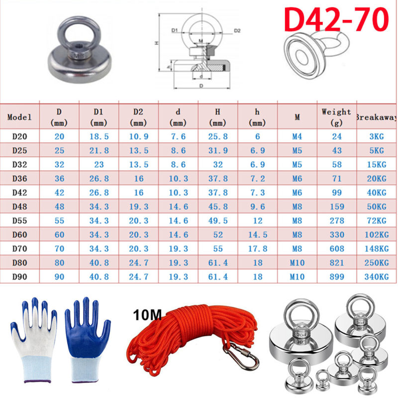 Aimant de pêche surpuissant en néodyme, avec corde de 10 m, crochet et gants – Image 5