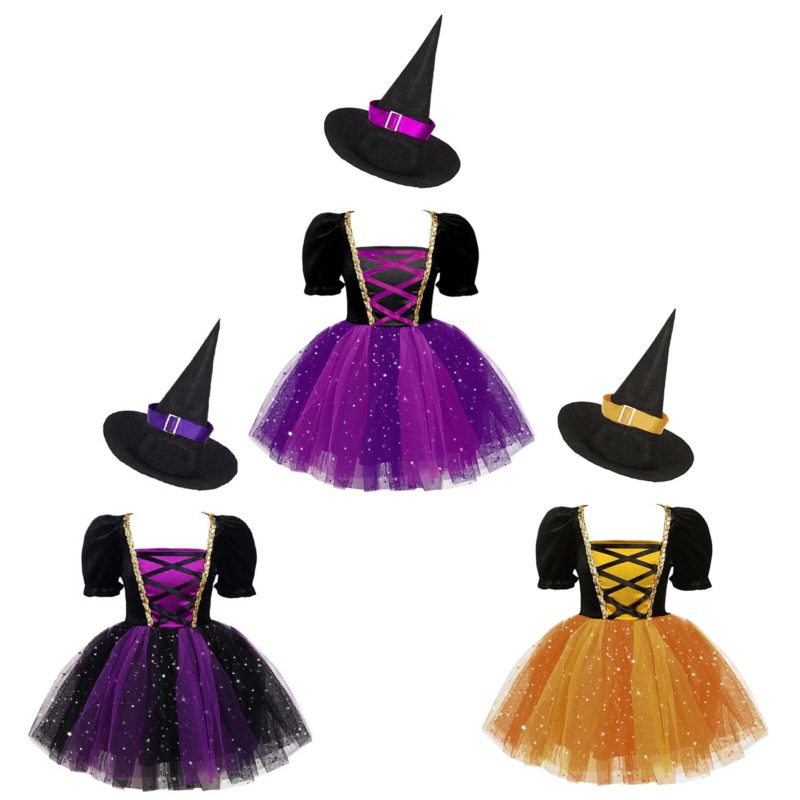 Costume de sorcière pour fille, robe tutu en maille scintillante avec chapeau pointu – Image 2
