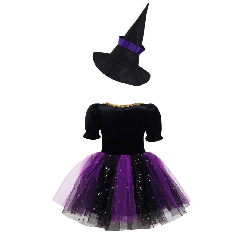 Costume de sorcière pour fille, robe tutu en maille scintillante avec chapeau pointu – Image 3