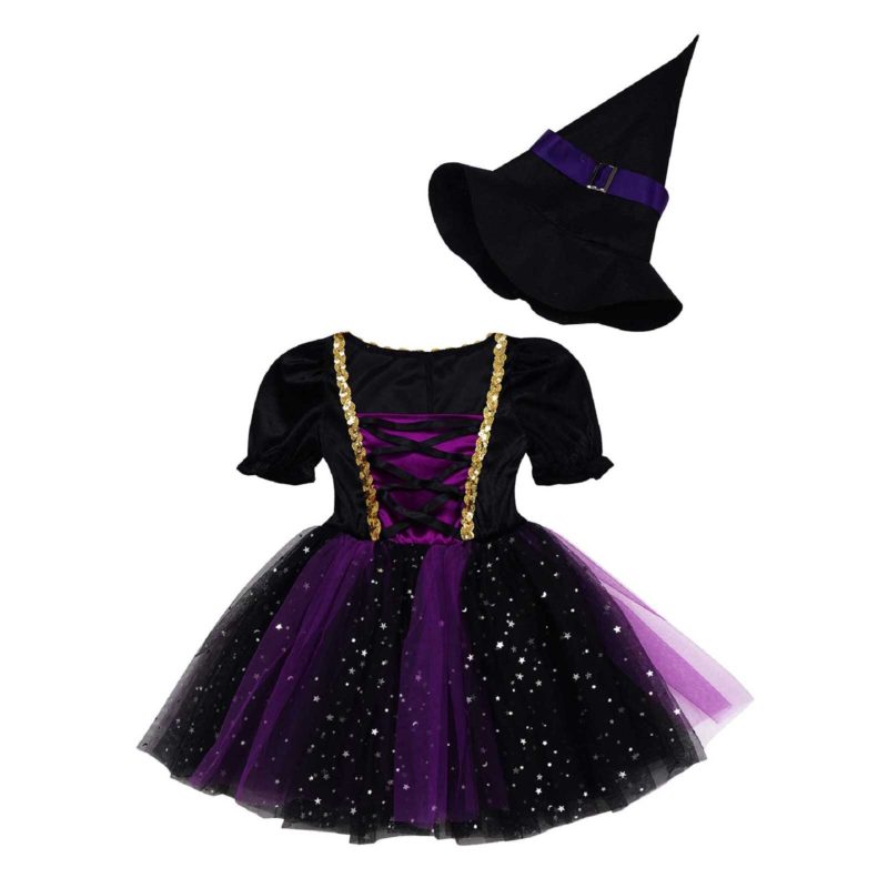 Costume de sorcière pour fille, robe tutu en maille scintillante avec chapeau pointu – Image 4