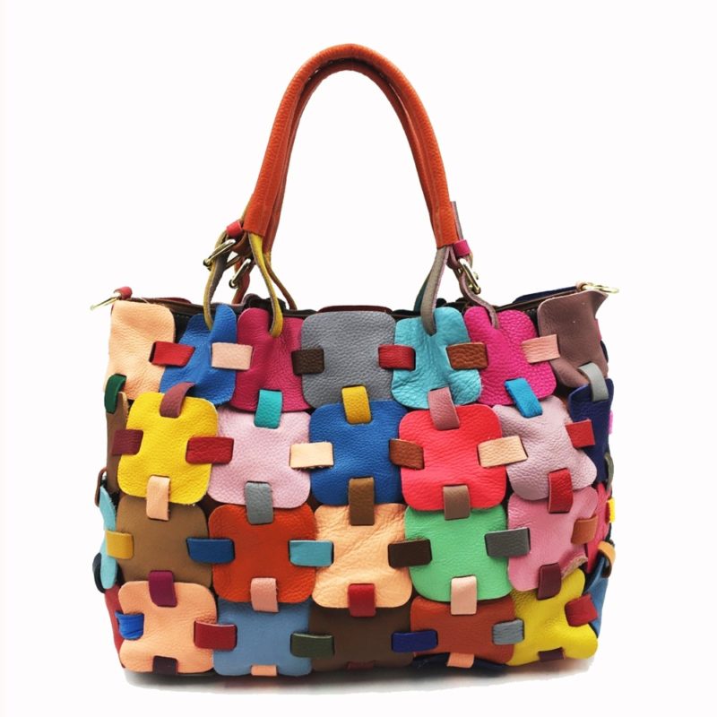 Sac à bandoulière en cuir, à main, décontractée, patchwork, multicolore – Image 1