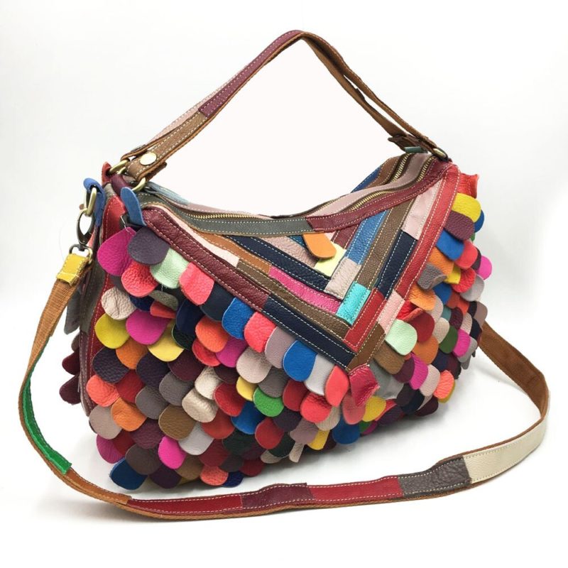 Sac à bandoulière en cuir, à main, patchwork, multicolore – Image 1