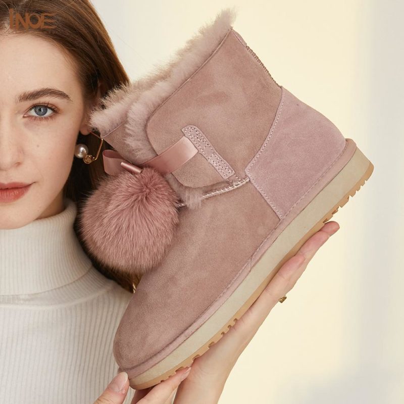 Bottines en daim, laine et cuir de mouton, fourrure de renard, Boots avec Pompon – Image 2