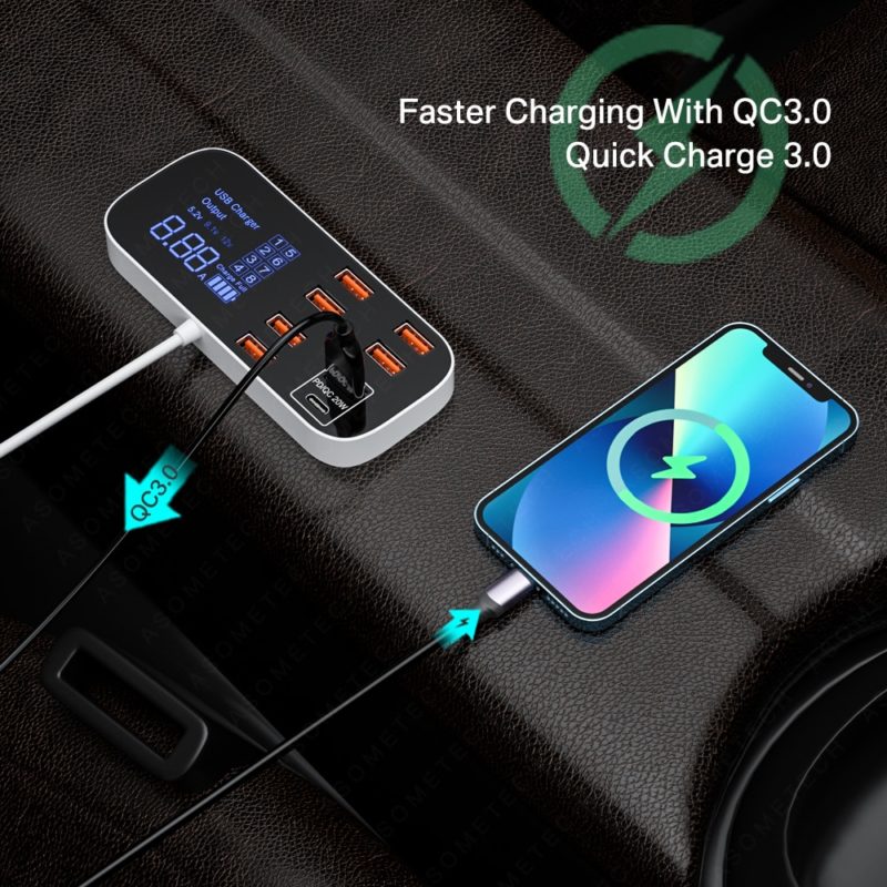 134029-06zbe6.jpg Station de charge rapide 40W 8A, pour prise de voiture, 8 Ports, affichage LED, Apple, Android, QC 3.0 PD – Image 4