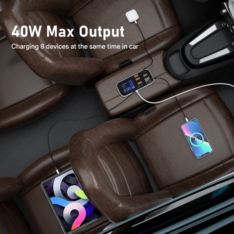 134029-dtu9da.jpg Station de charge rapide 40W 8A, pour prise de voiture, 8 Ports, affichage LED, Apple, Android, QC 3.0 PD – Image 2