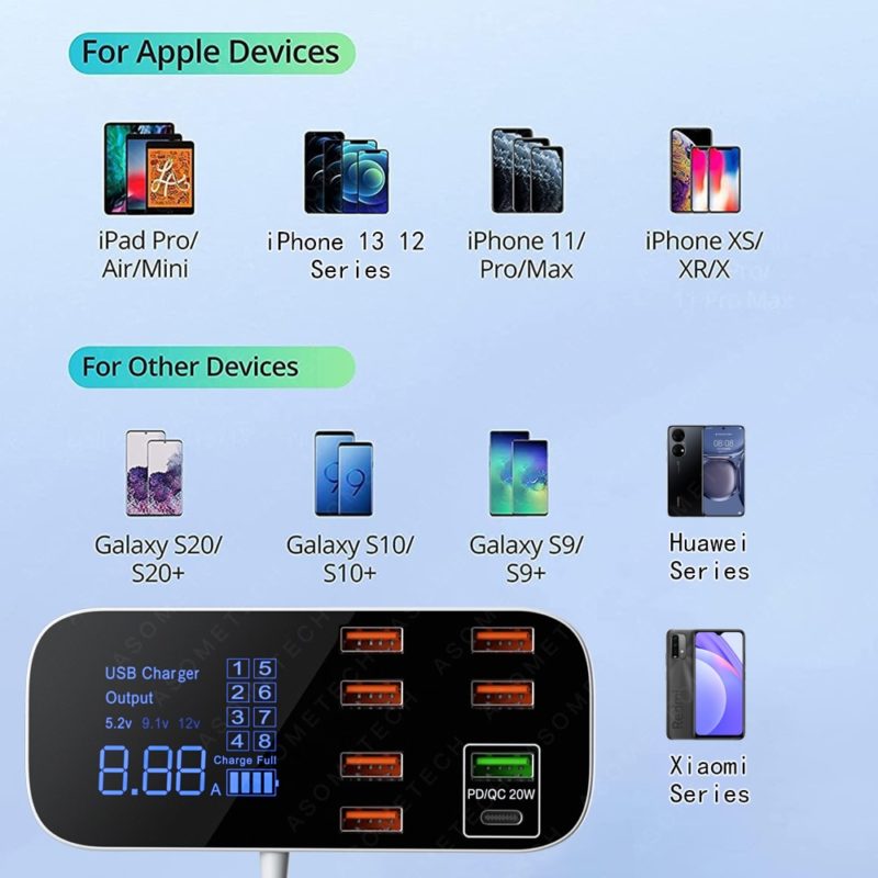 134029-f2p666.jpg Station de charge rapide 40W 8A, pour prise de voiture, 8 Ports, affichage LED, Apple, Android, QC 3.0 PD – Image 6
