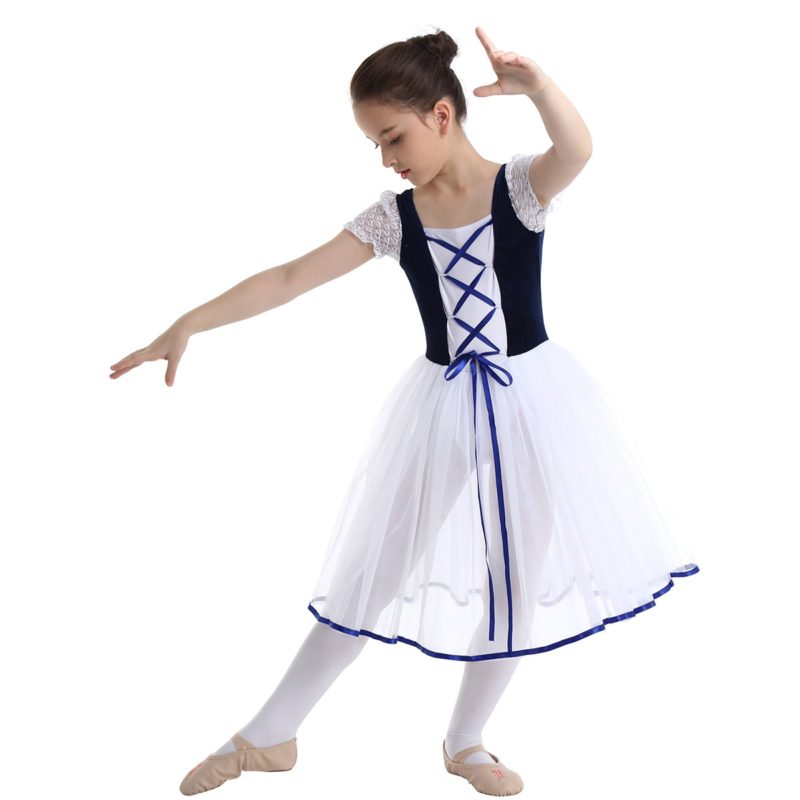 Robe de ballet Tutu pour fille, manches courtes, en dentelle, vêtement de danse