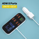 Station de charge rapide 40W 8A, pour prise de voiture, 8 Ports, affichage LED, Apple, Android, QC 3.0 PD
