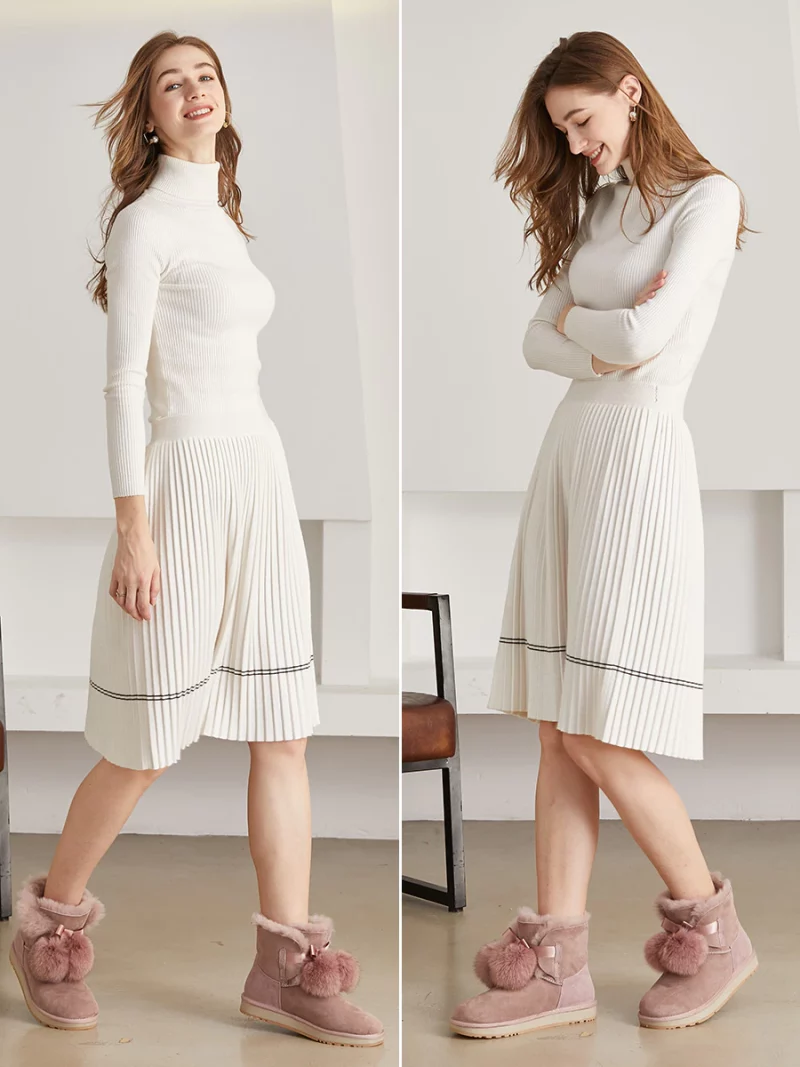 Bottines en daim, laine et cuir de mouton, fourrure de renard, Boots avec Pompon – Image 4