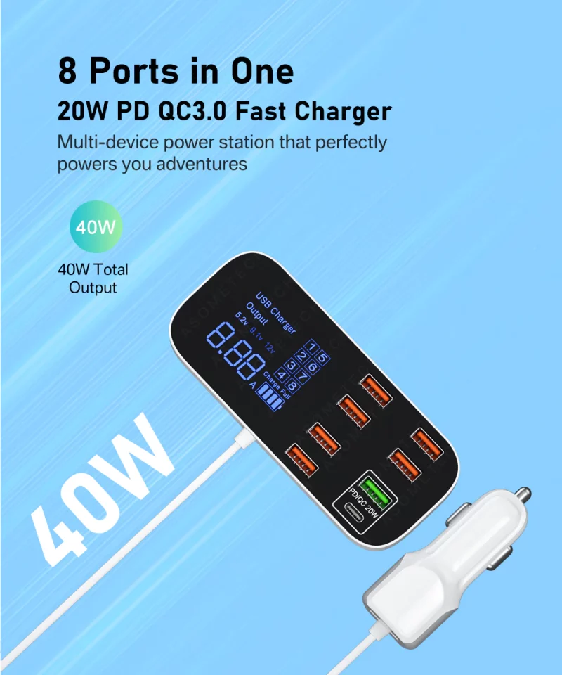 H4887f28b9f8949c489e46d379a33301dV Station de charge rapide 40W 8A, pour prise de voiture, 8 Ports, affichage LED, Apple, Android, QC 3.0 PD – Image 8