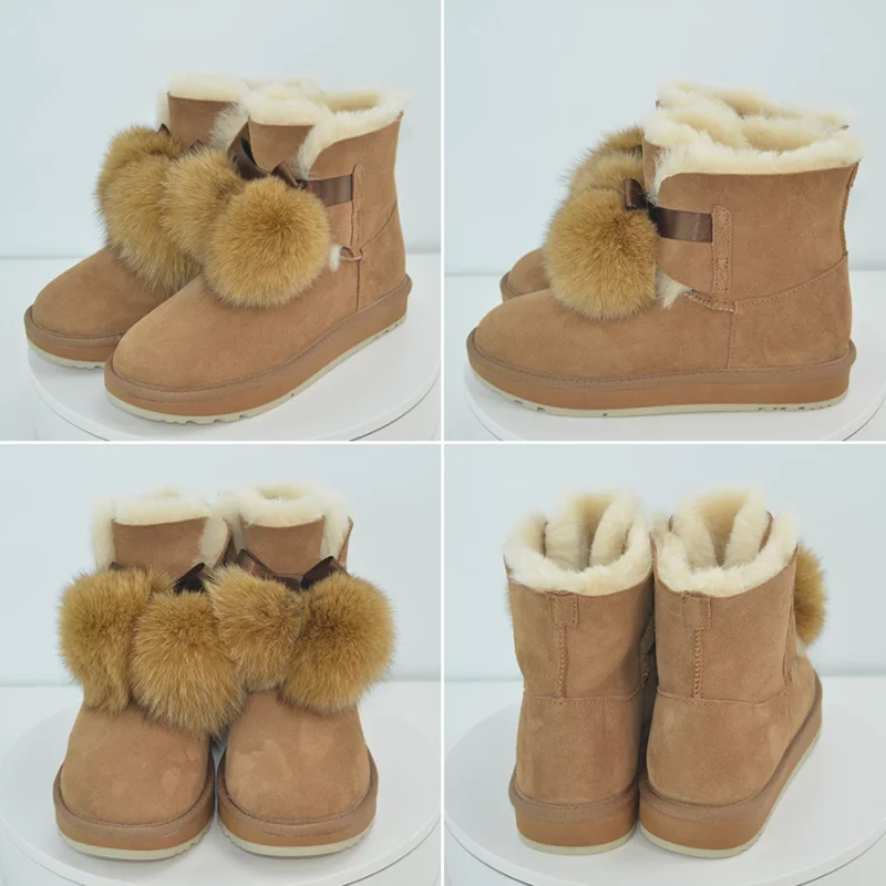 Bottines en daim, laine et cuir de mouton, fourrure de renard, Boots avec Pompon – Image 11