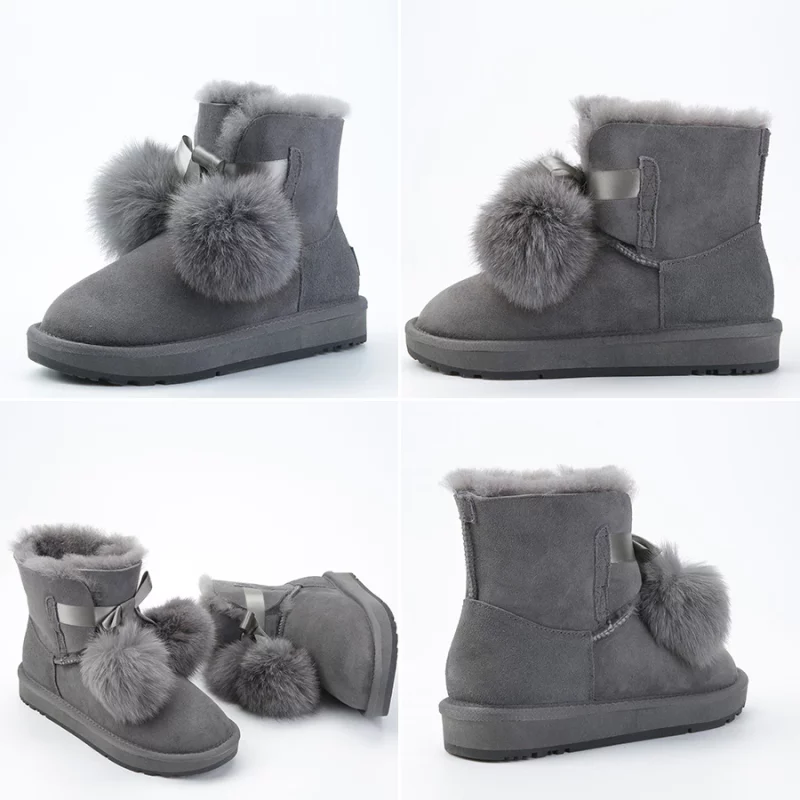 Bottines en daim, laine et cuir de mouton, fourrure de renard, Boots avec Pompon – Image 7