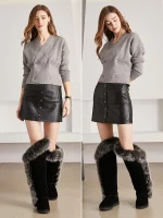 Bottes hautes d'hiver en cuir, fourrure de renard, doublure en fourrure de mouton naturelle, imperméables – Image 9
