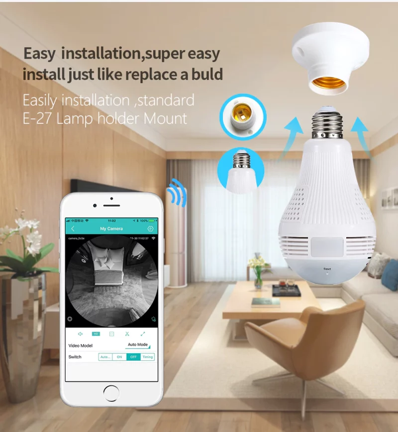S05961ad368df41eb878ebda1147b02c3H Ampoule E27 avec caméra de surveillance 360°, Wifi, 1080P, vision nocturne, avec carte SD 128GB – Image 9