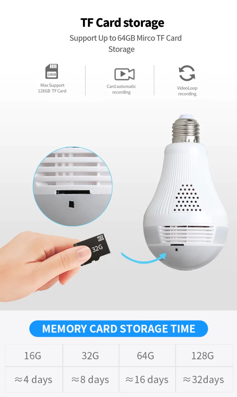 S72916616c6cc4aee8dd77545febac443b Ampoule E27 avec caméra de surveillance 360°, Wifi, 1080P, vision nocturne, avec carte SD 128GB – Image 10
