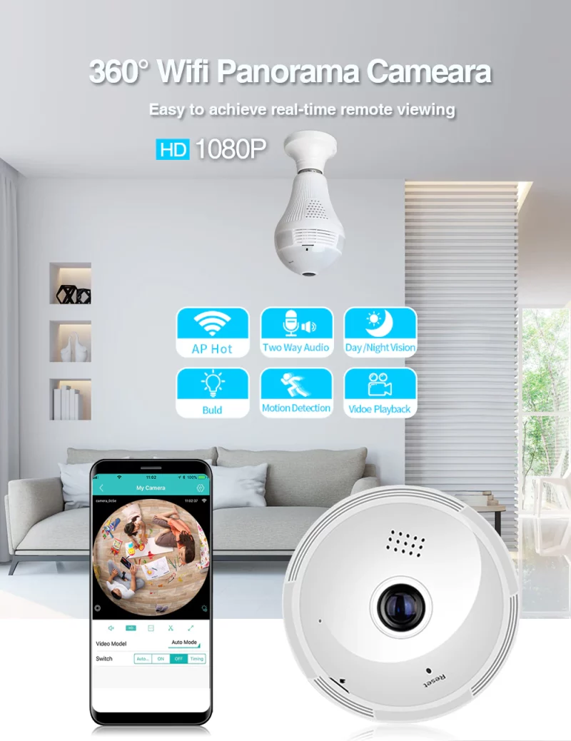 S92e861a53e5c4ea4a2651953447620d4I Ampoule E27 avec caméra de surveillance 360°, Wifi, 1080P, vision nocturne, avec carte SD 128GB – Image 12