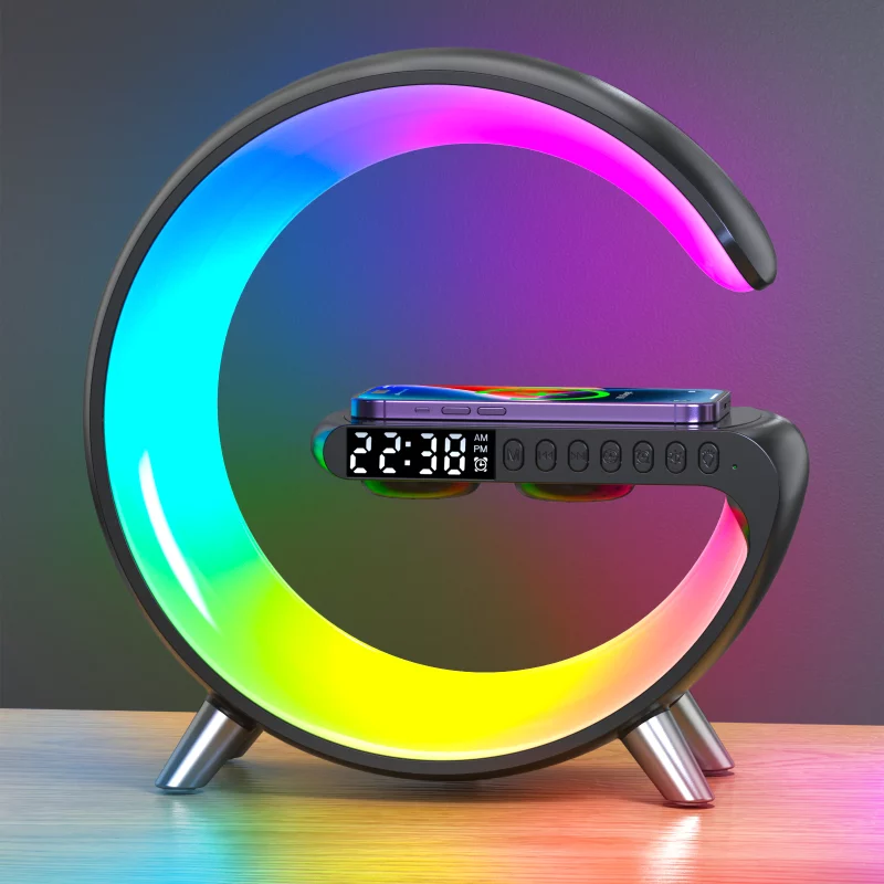 Station de charge sans fil multifonction, Smart, alarme, haut-parleur Bluetooth, veilleuse RGB, contrôle par application – Image 9