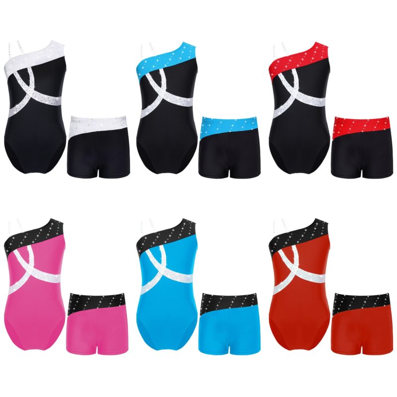 138253-f6k133.jpg Costume de danse de ballet pour enfant, 2 pièces, sans manches, épaules obliques, strass brillants, Léotard et short – Image 2