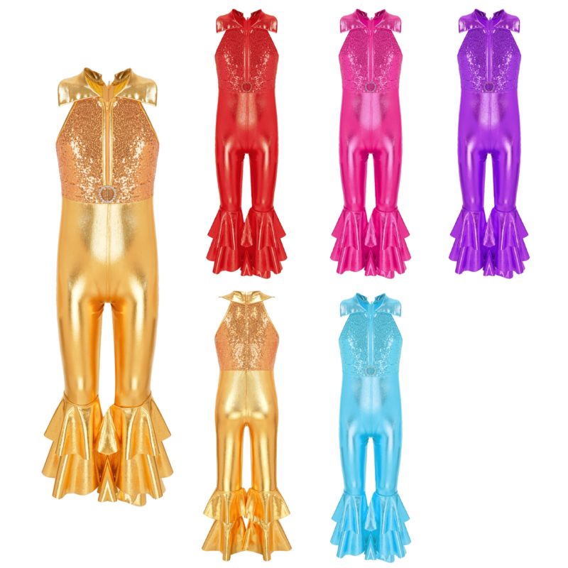 Costume de danse de ballet à paillettes brillantes pour fille, sans manches, pantalon à cloche – Image 2