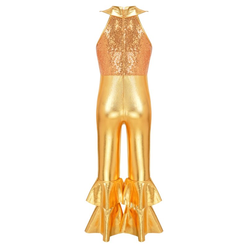 Costume de danse de ballet à paillettes brillantes pour fille, sans manches, pantalon à cloche – Image 3